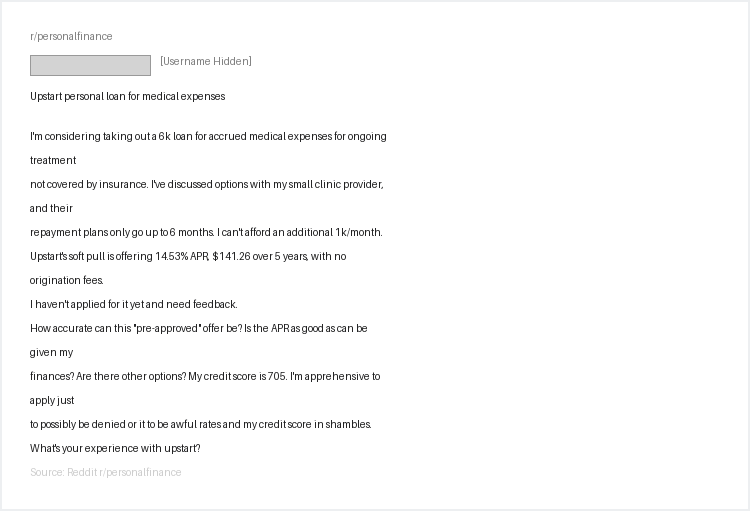 Reddit user sharing Upstart offer: 14.53% APR with 705 credit score for medical expenses