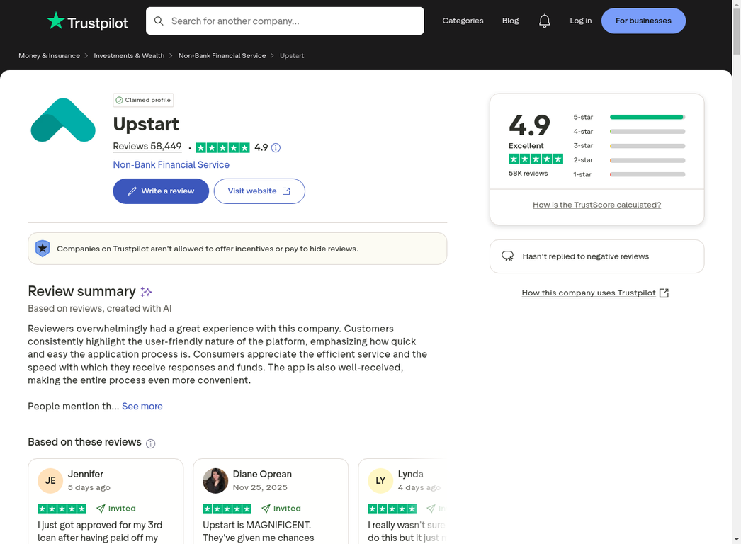 Upstart Trustpilot rating - 4.9 stars from 58,000+ reviews