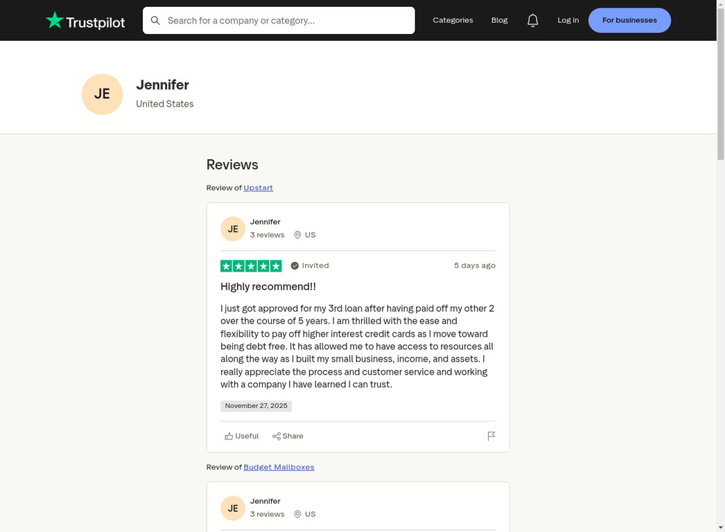 Trustpilot review from repeat Upstart customer on their 3rd loan
